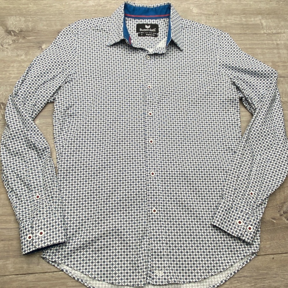 Buttercloth Shirt Mens Small S White Blue Geometric Knit Long Sleeve Regular Fit